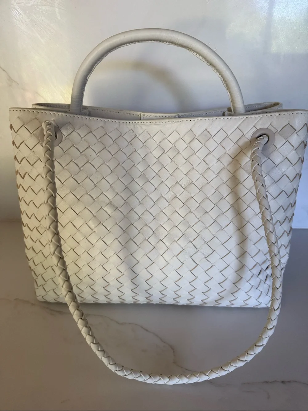 Quince Italian Leather Handwoven Large Satchel Bone - Picture 2 of 7